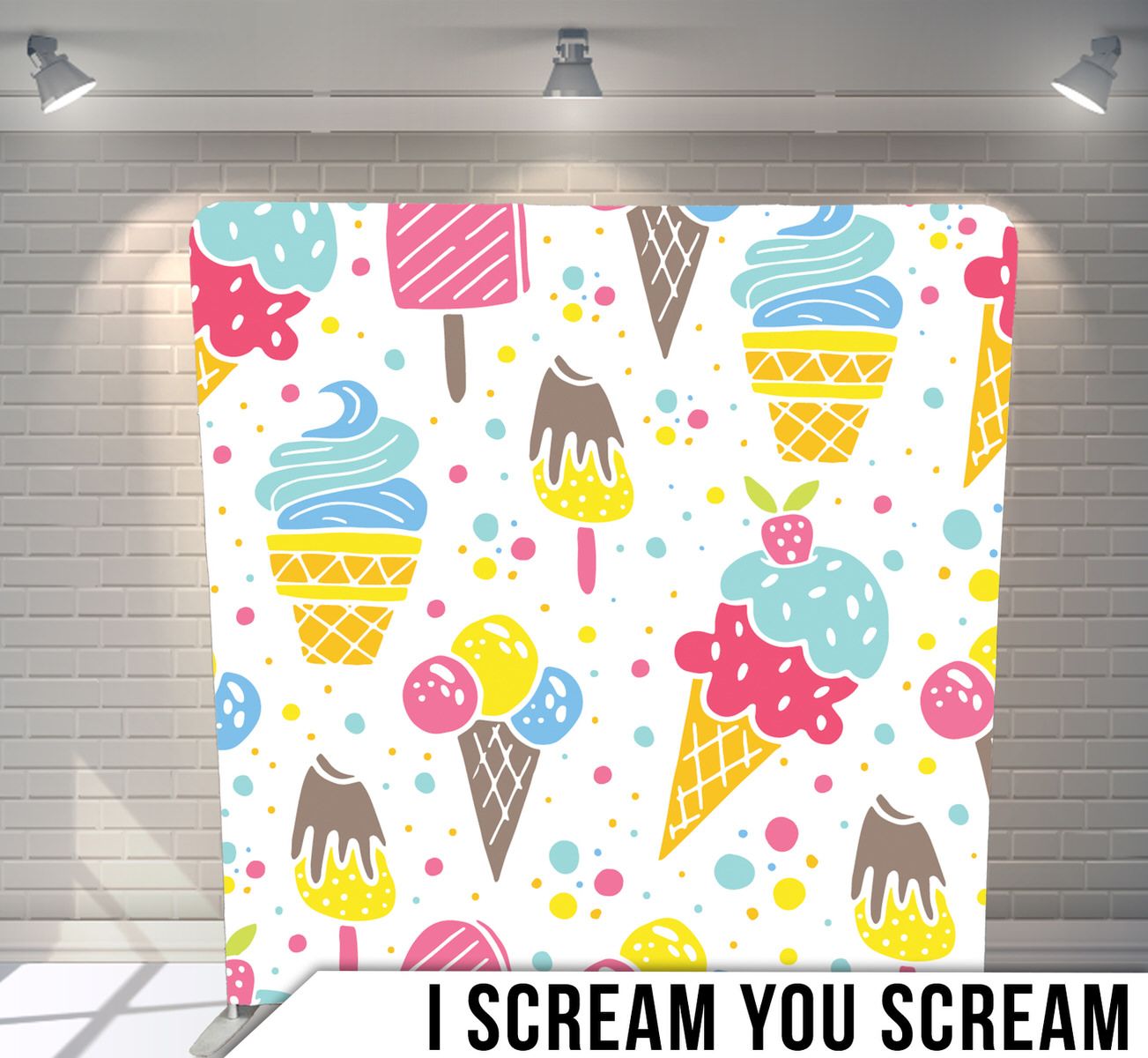Colorful ice cream cone pattern with popsicles and sweet treats on white background.