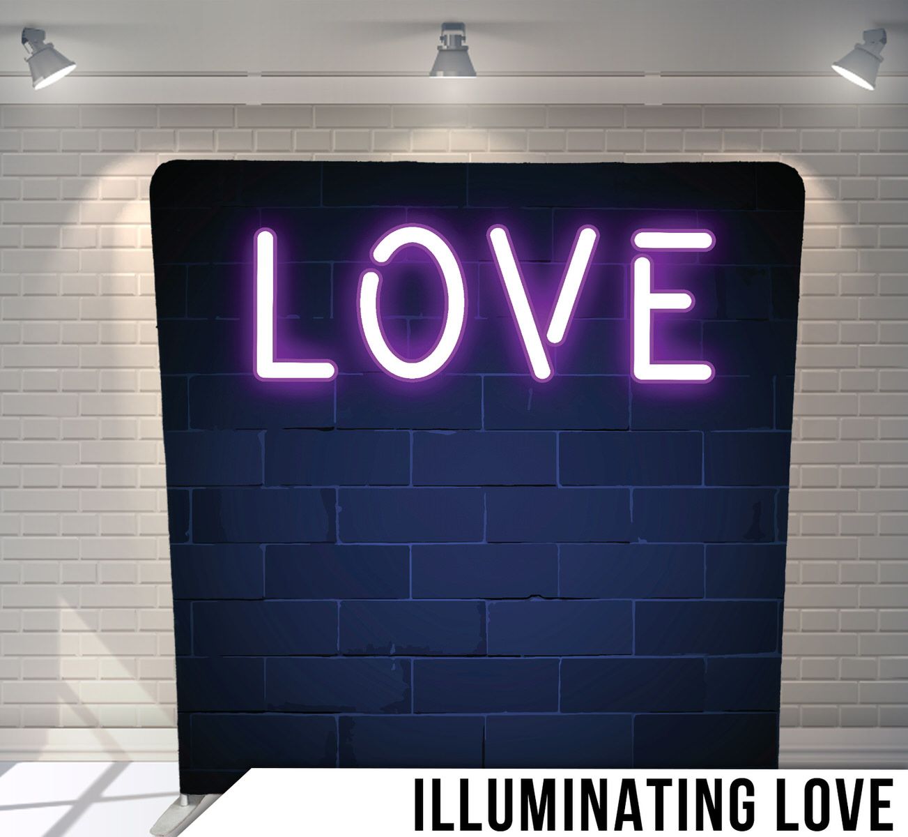Purple neon LOVE sign glowing against a dark brick wall background.