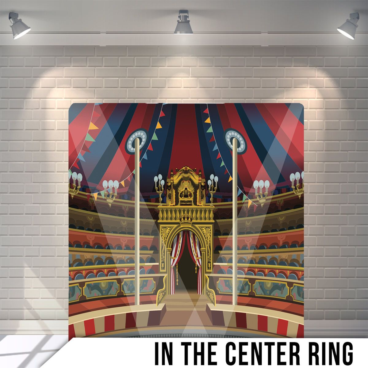 Vintage circus stage design with red and blue stripes leading to an ornate golden throne platform.