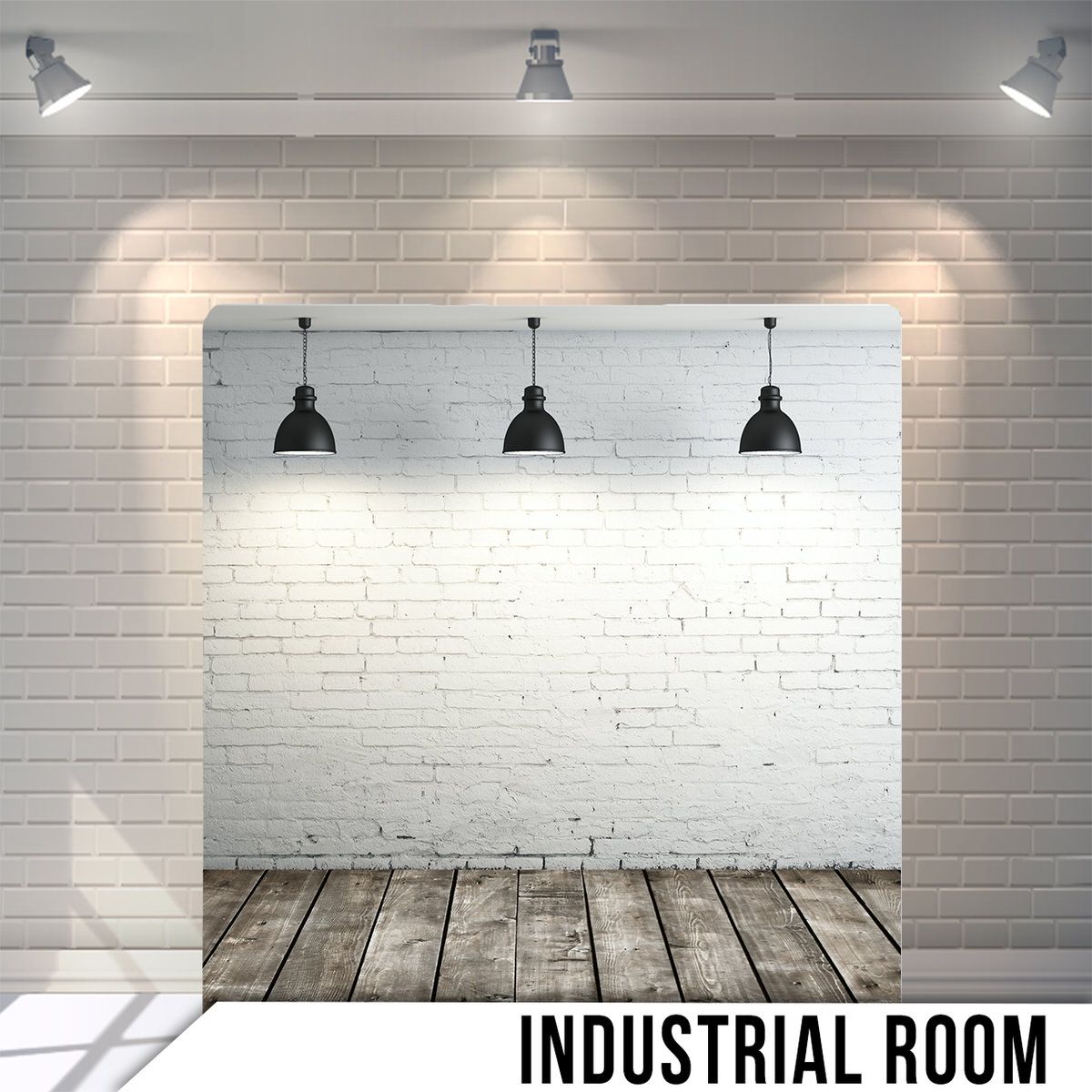 Minimalist industrial space with white brick walls, wooden floor, and three hanging pendant lights.