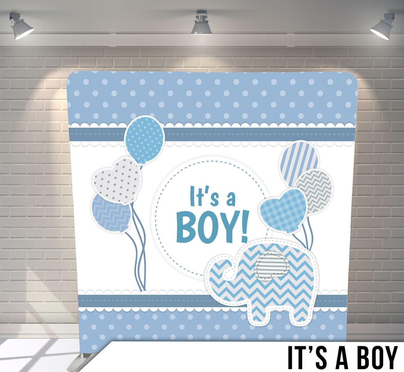 Baby boy announcement design with blue polka dots, balloons, and elephant motif.