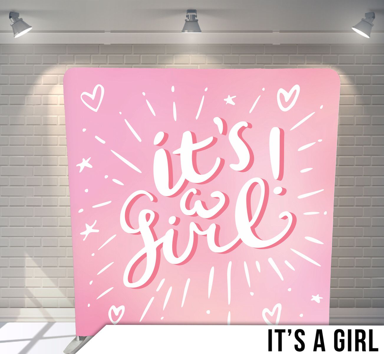 Pink background with handwritten 'It's a Girl' text surrounded by hearts and stars in white brush lettering style.