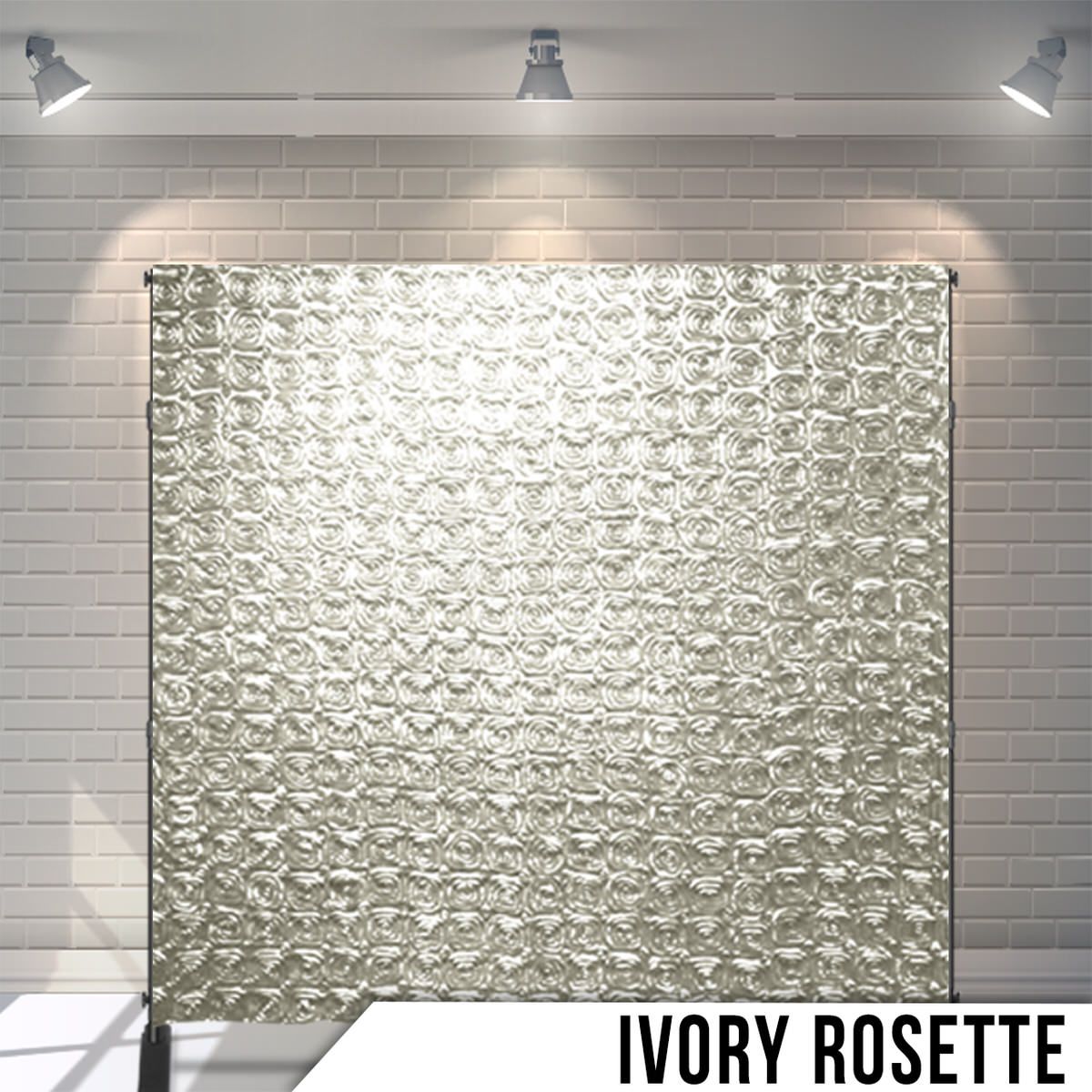 Textured ivory rosette pattern backdrop with geometric floral designs.