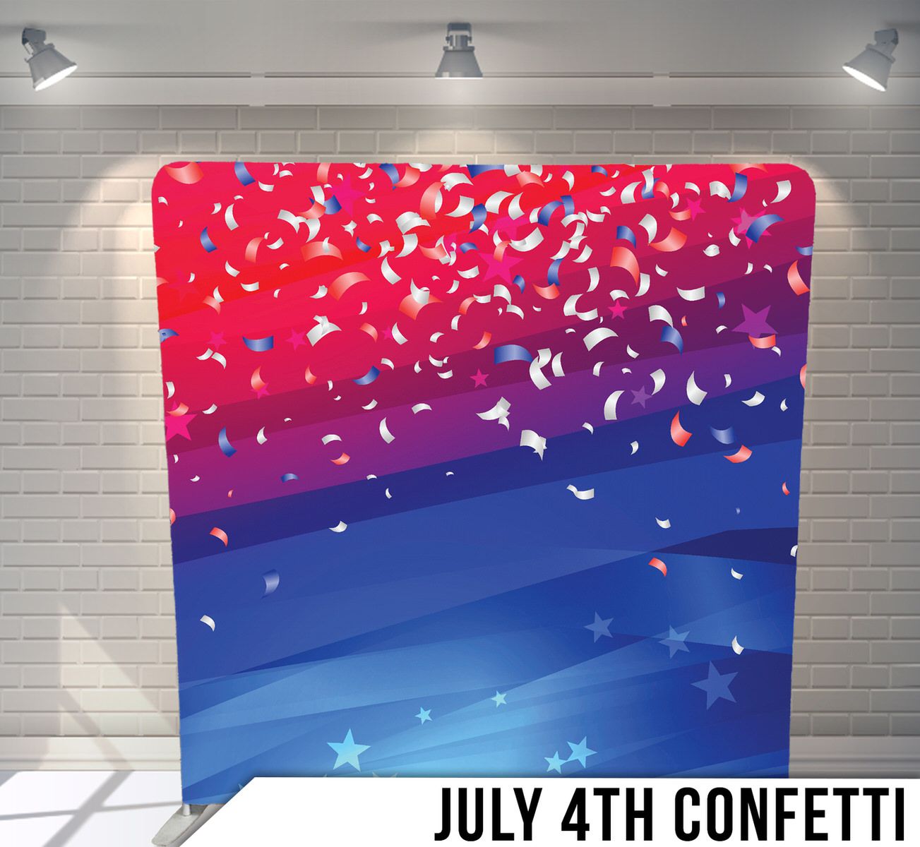 Patriotic backdrop with red and blue gradient featuring falling white confetti and stars.