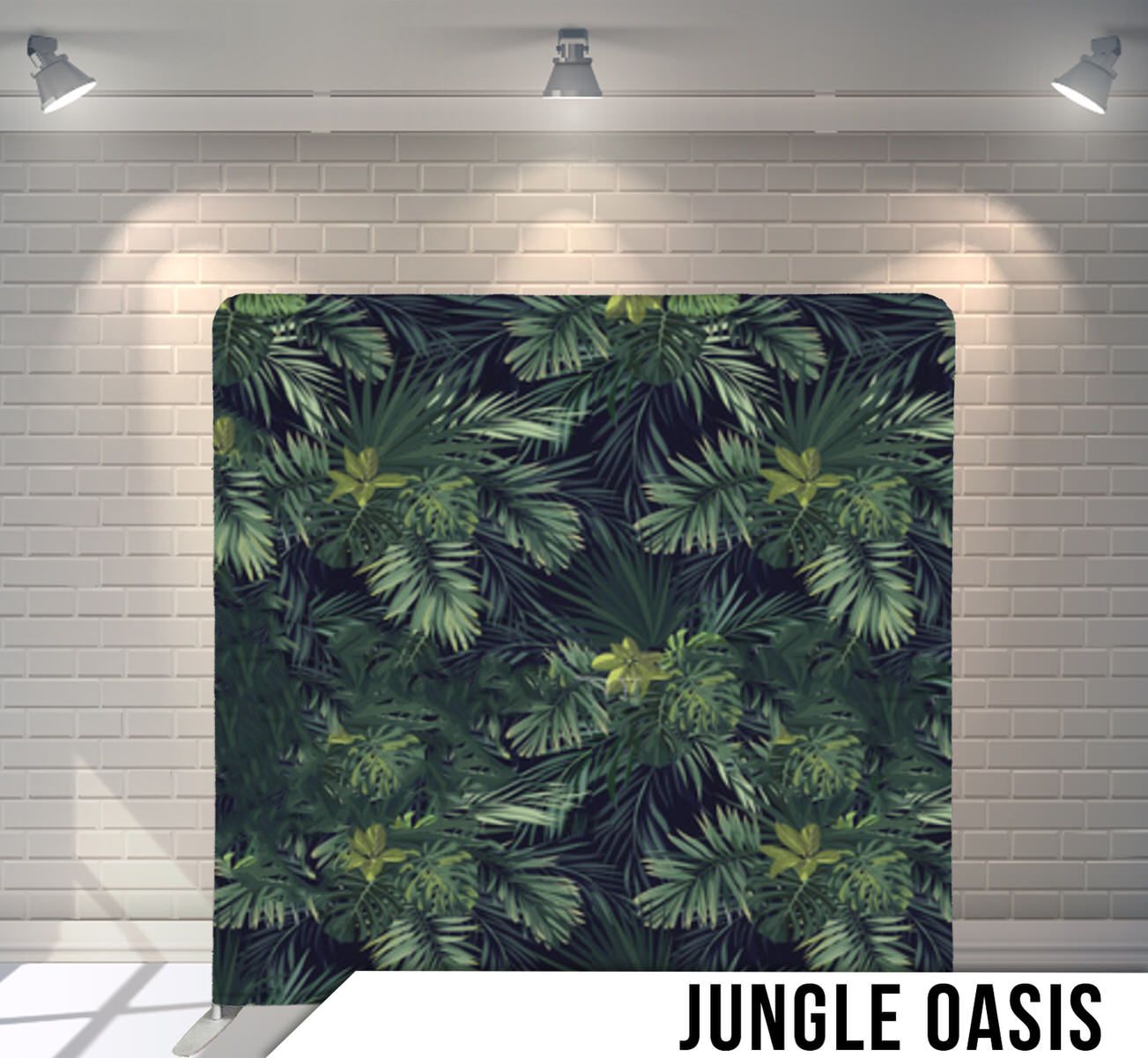 Dark tropical backdrop with lush green palm leaves creating a jungle atmosphere.