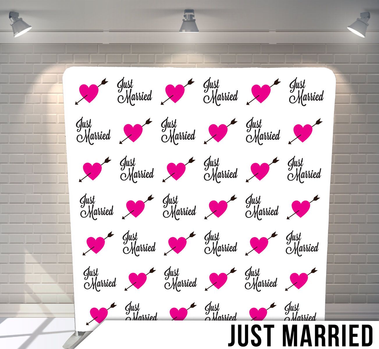 White background with repeating 'Just Married' text and pink hearts pattern.
