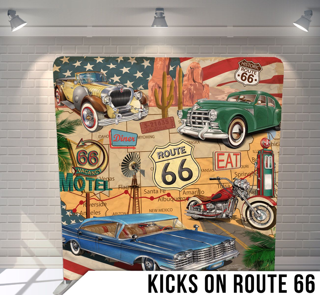 Vintage Route 66 themed illustration with classic cars, motorcycle, and Americana elements.