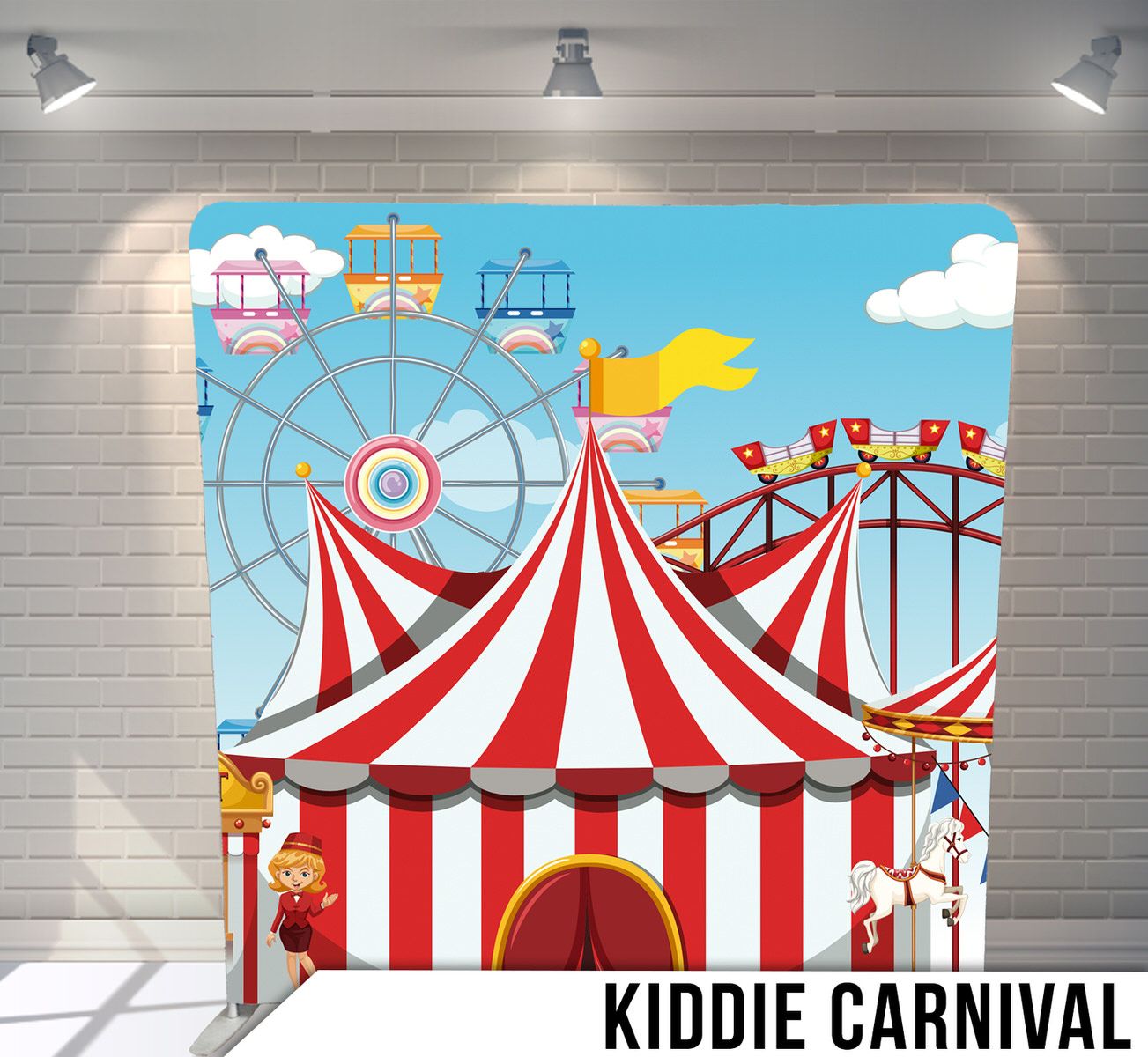 Cartoon illustration of a circus tent carnival scene with ferris wheel and roller coaster against a blue sky background.