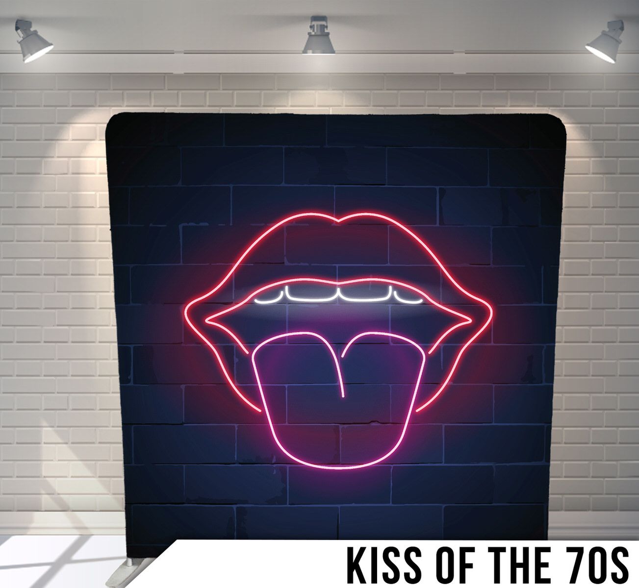 Neon red lips and tongue sign glowing against dark brick wall background.