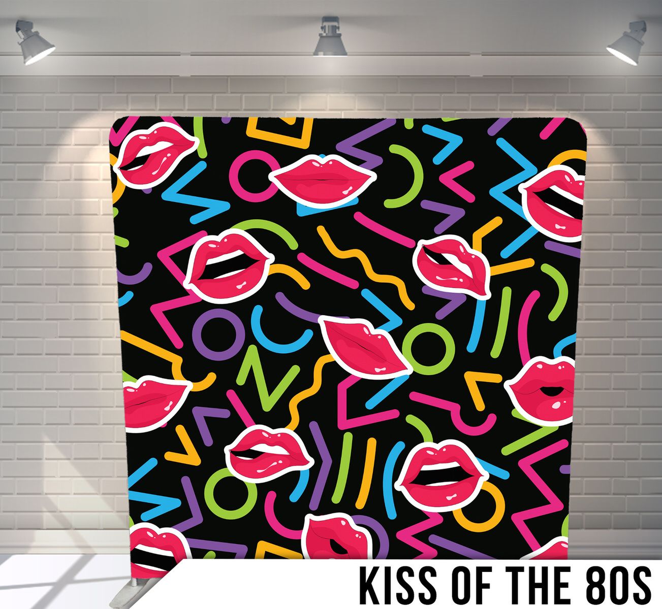 Retro 80s pattern with neon lips and geometric shapes in pink, yellow and blue on black background.