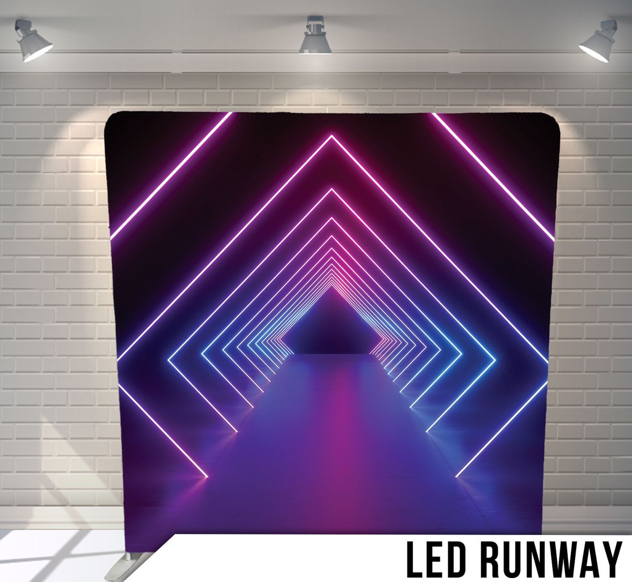 Neon purple and blue geometric tunnel lighting effect creating a futuristic LED runway perspective.