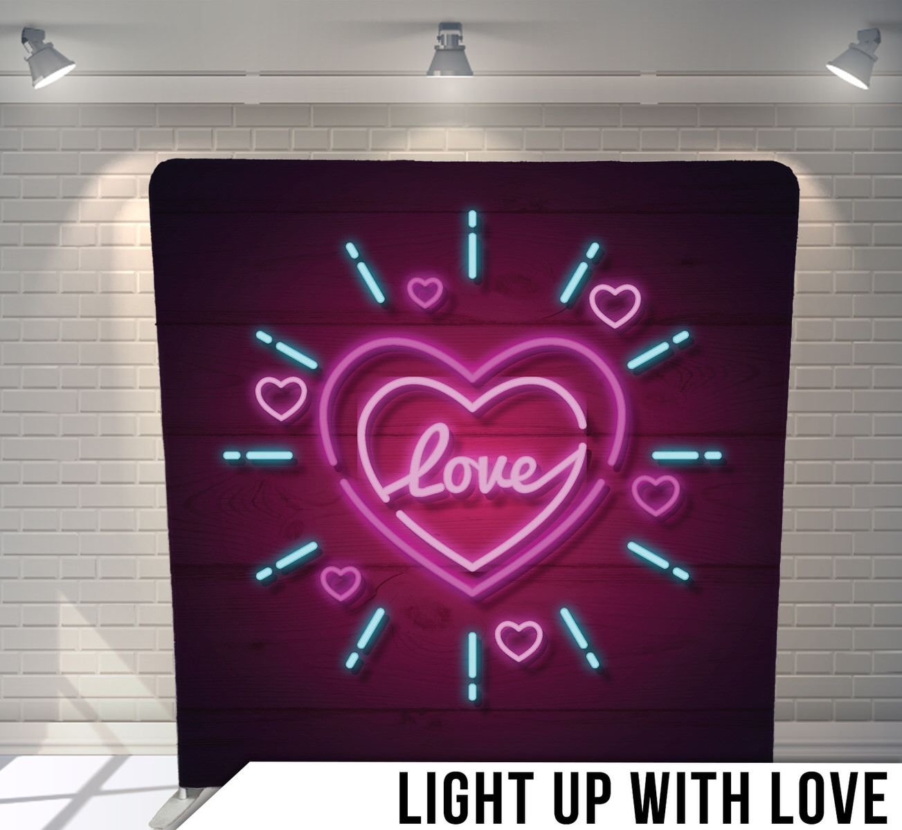 Neon pink heart with 'love' text and blue accents on dark purple background.