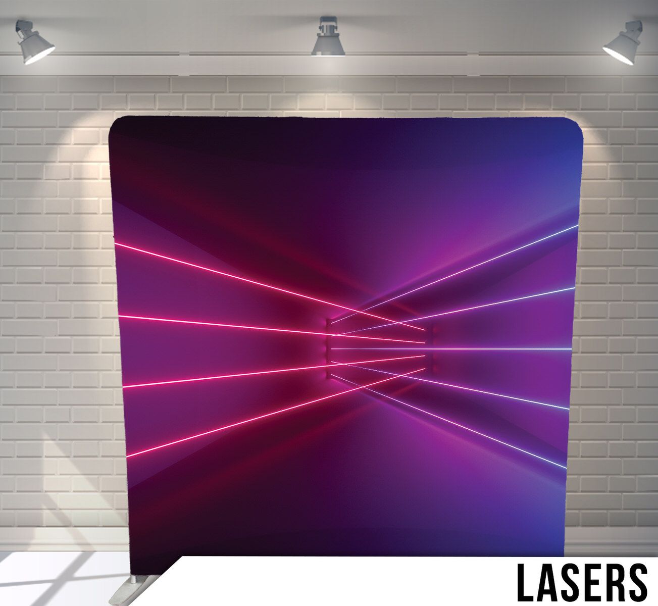 Abstract purple and pink laser beam lines crossing in perspective on dark gradient background.