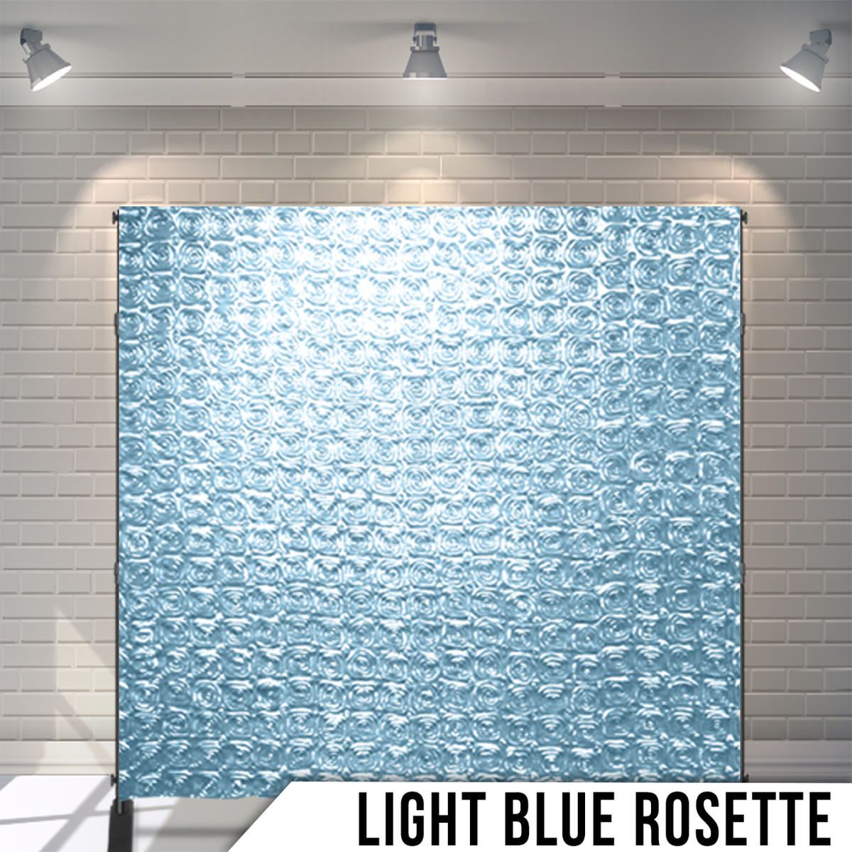 Light blue rosette pattern backdrop with repeating circular design elements.