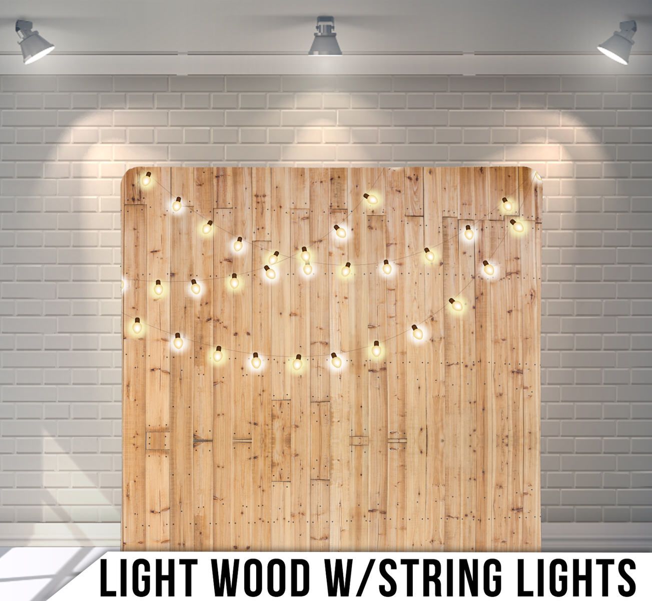 Wooden backdrop decorated with hanging string lights creating a warm ambiance.