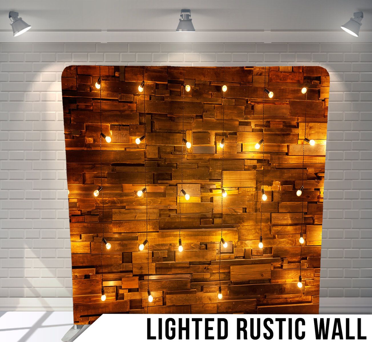 Rustic wooden wall decorated with warm glowing string lights.