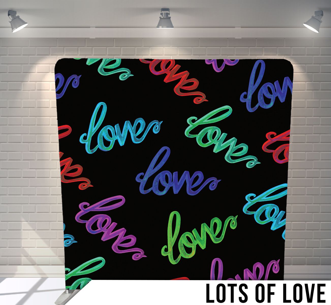 Colorful love text pattern on black background with neon script in various colors.