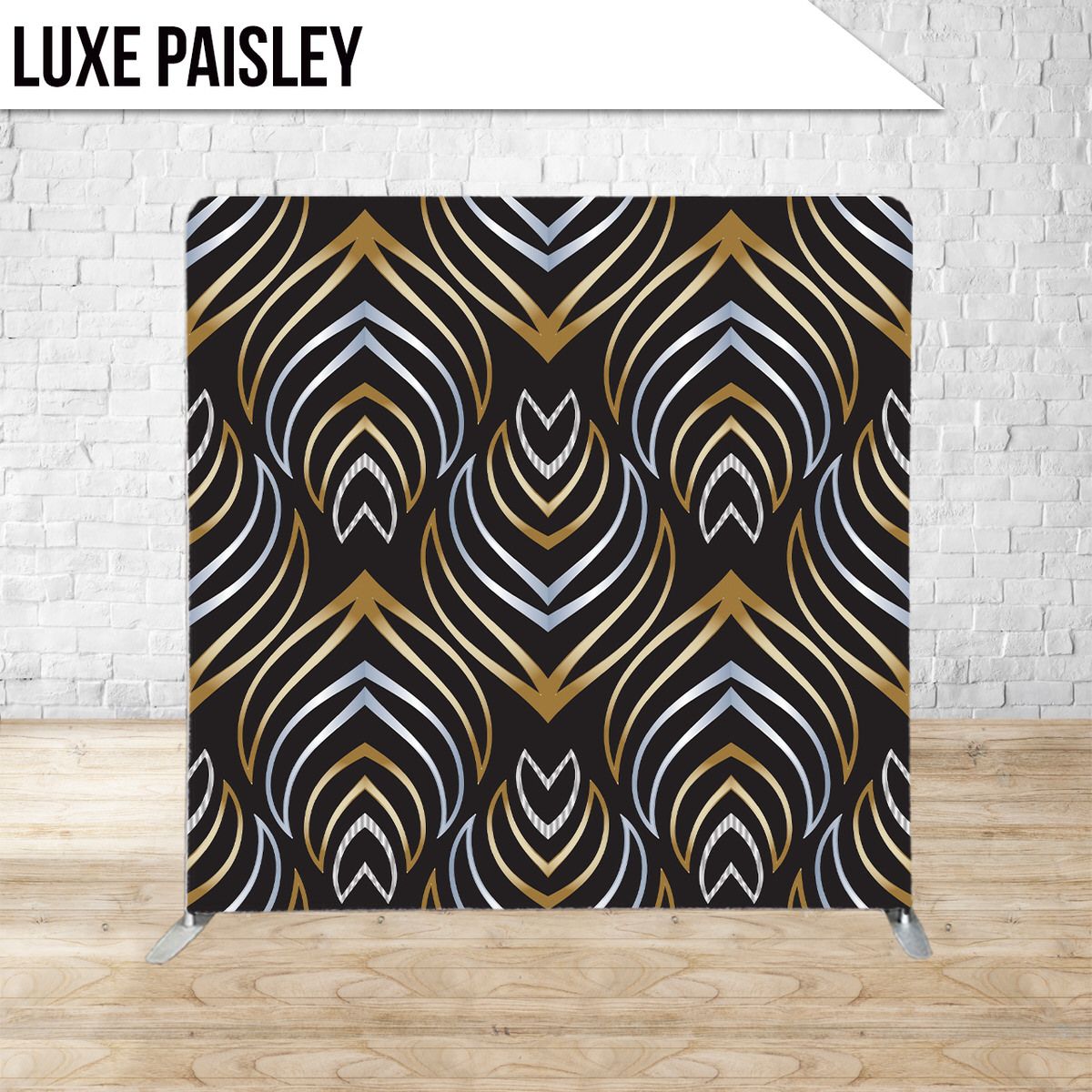 Art deco style black and gold geometric pattern with repeating teardrop shapes creating an elegant optical effect.