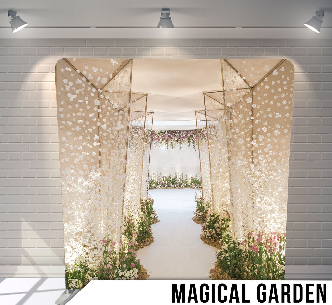 Enchanting garden pathway with string lights and floral decorations creating a romantic archway.