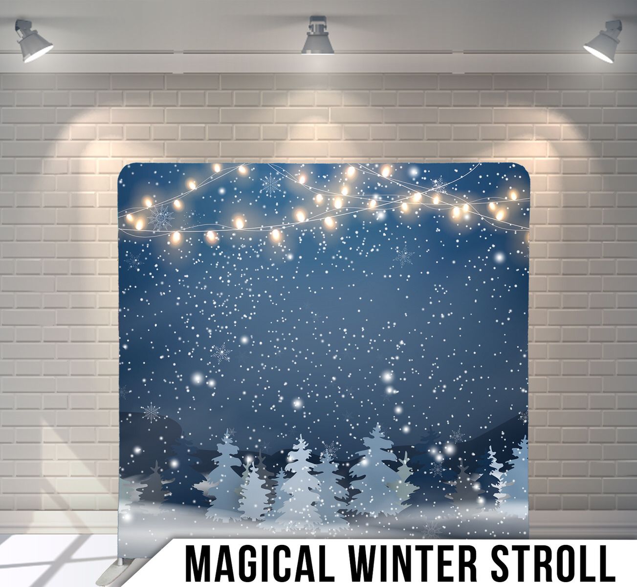 Winter scene with snowy evergreen trees and twinkling lights against a dark blue starry sky.