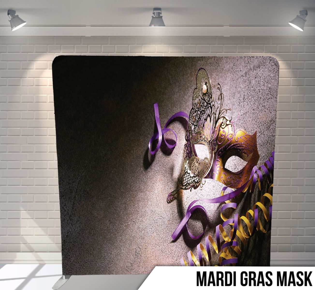 Decorative metallic Mardi Gras mask with purple accents against a textured background.