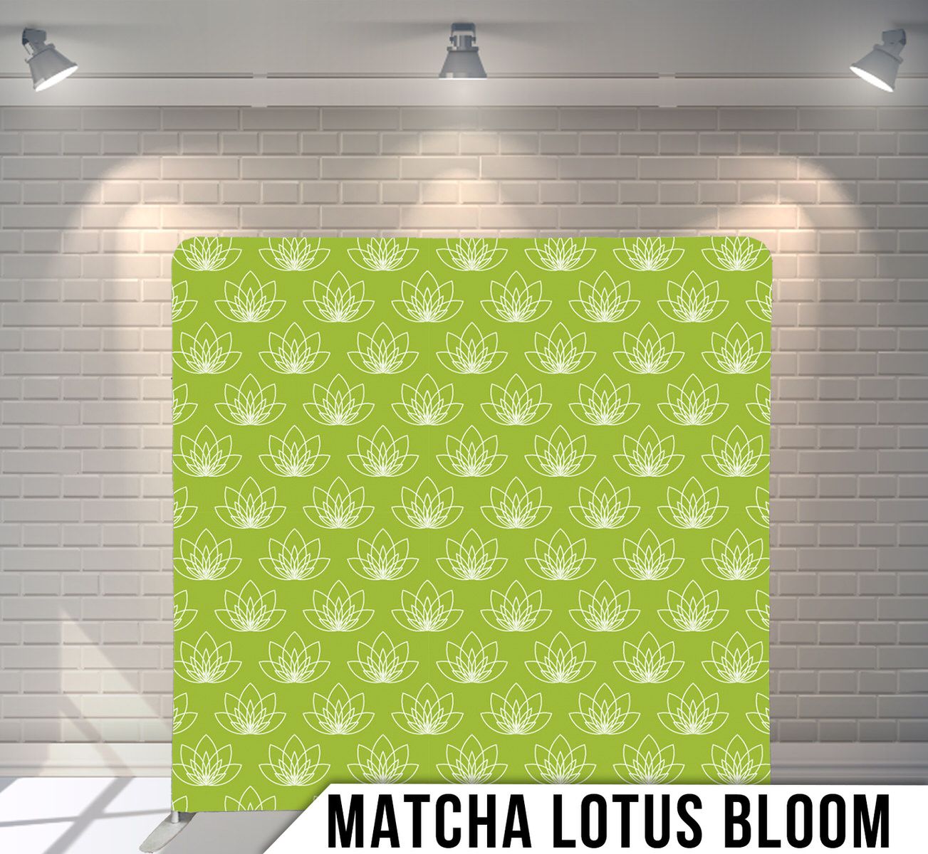 Repeating lotus flower pattern in light green on matching background.