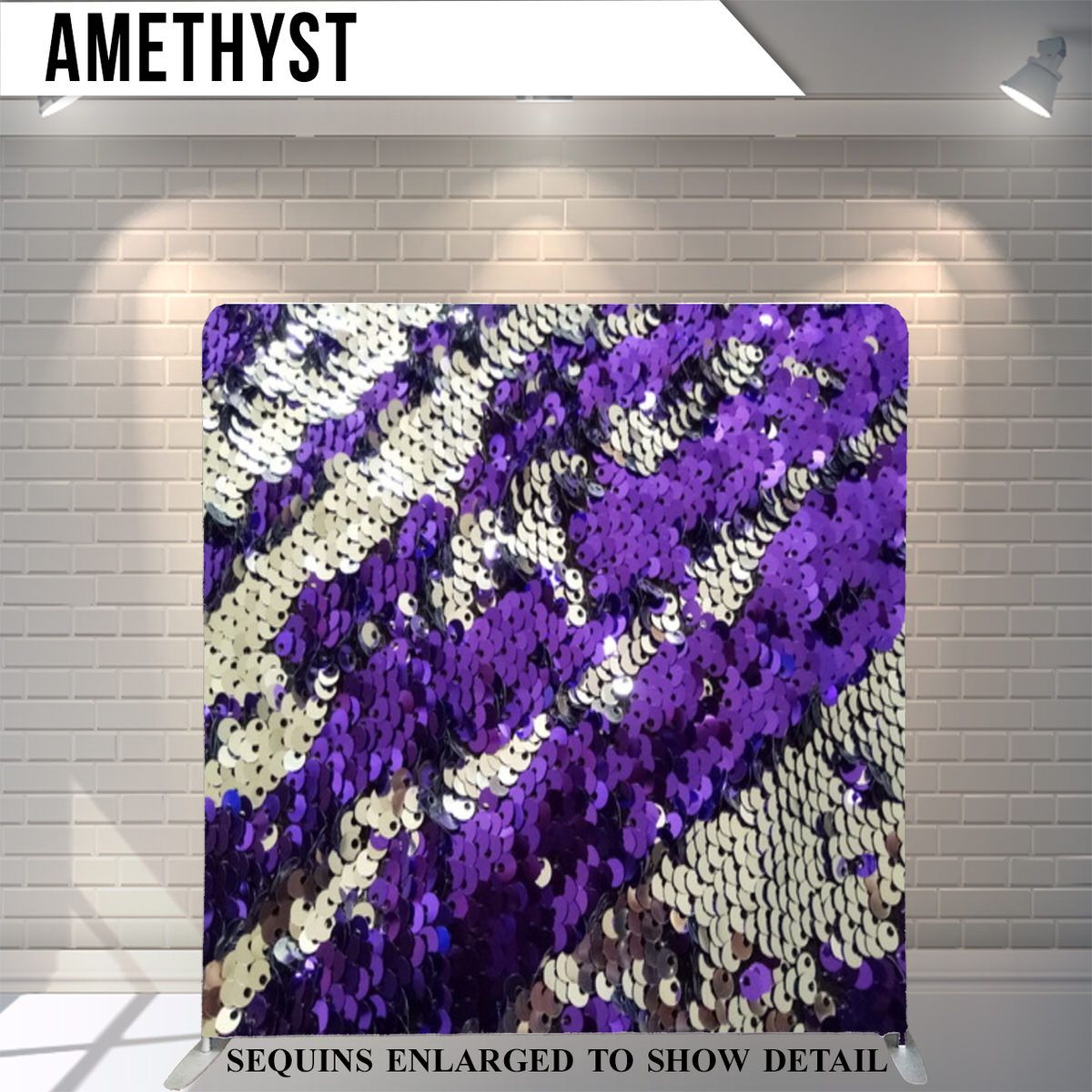 Purple and silver reversible sequin fabric with diagonal striped pattern.