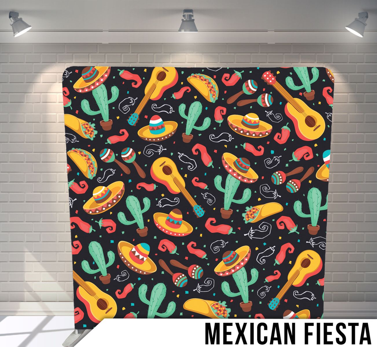 Colorful Mexican fiesta pattern with guitars, cacti, and sombreros on black background.