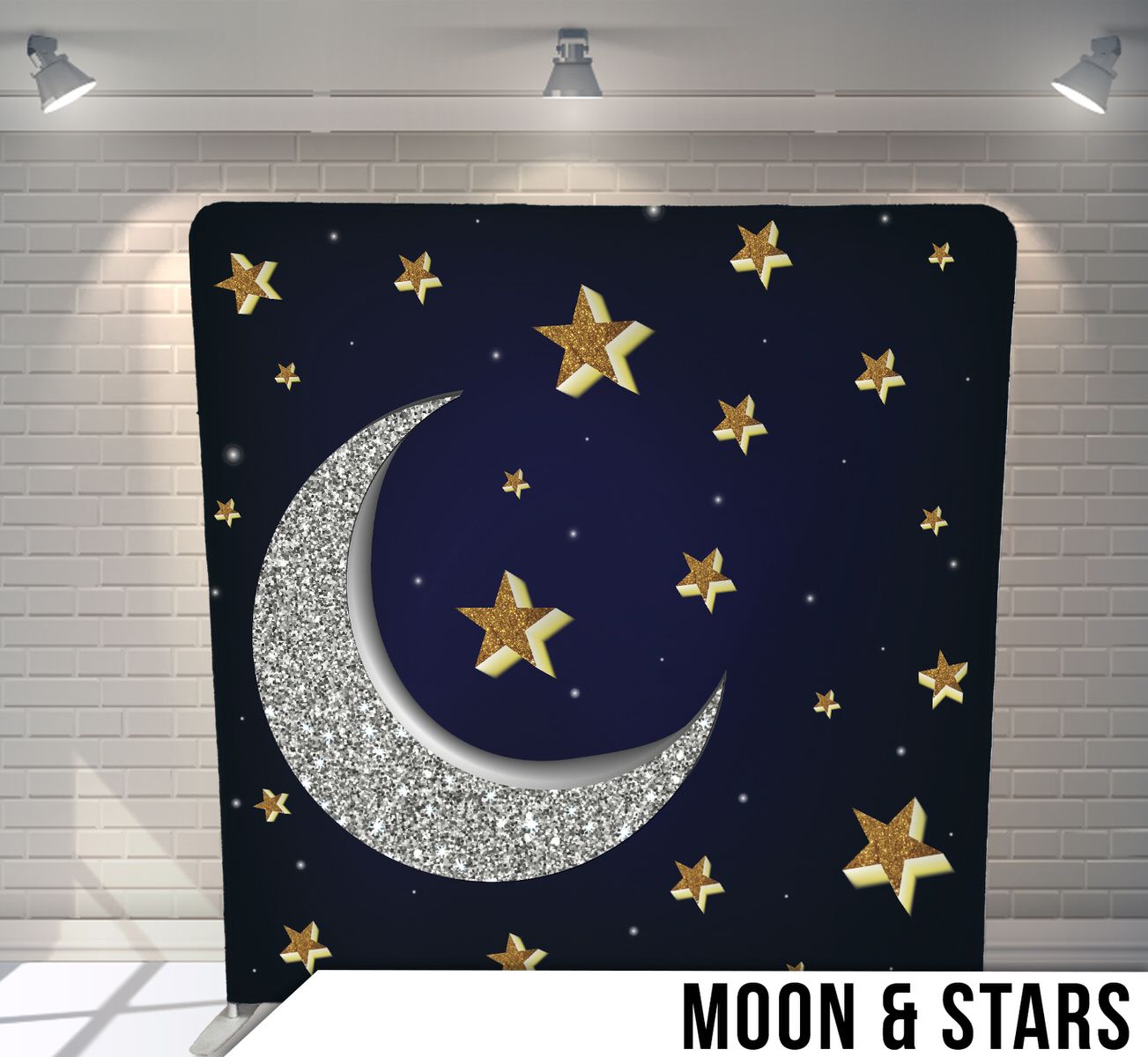 Whimsical night sky backdrop with silver crescent moon and golden stars on navy blue background.