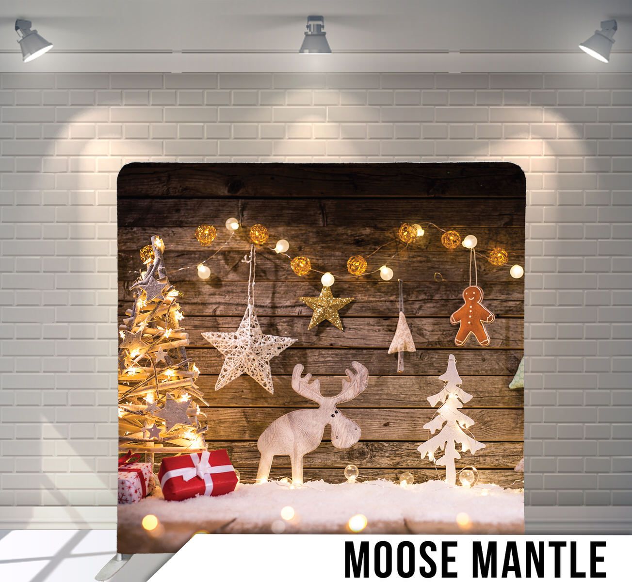 Rustic holiday scene with illuminated star, moose silhouette, and Christmas decorations on wooden backdrop.