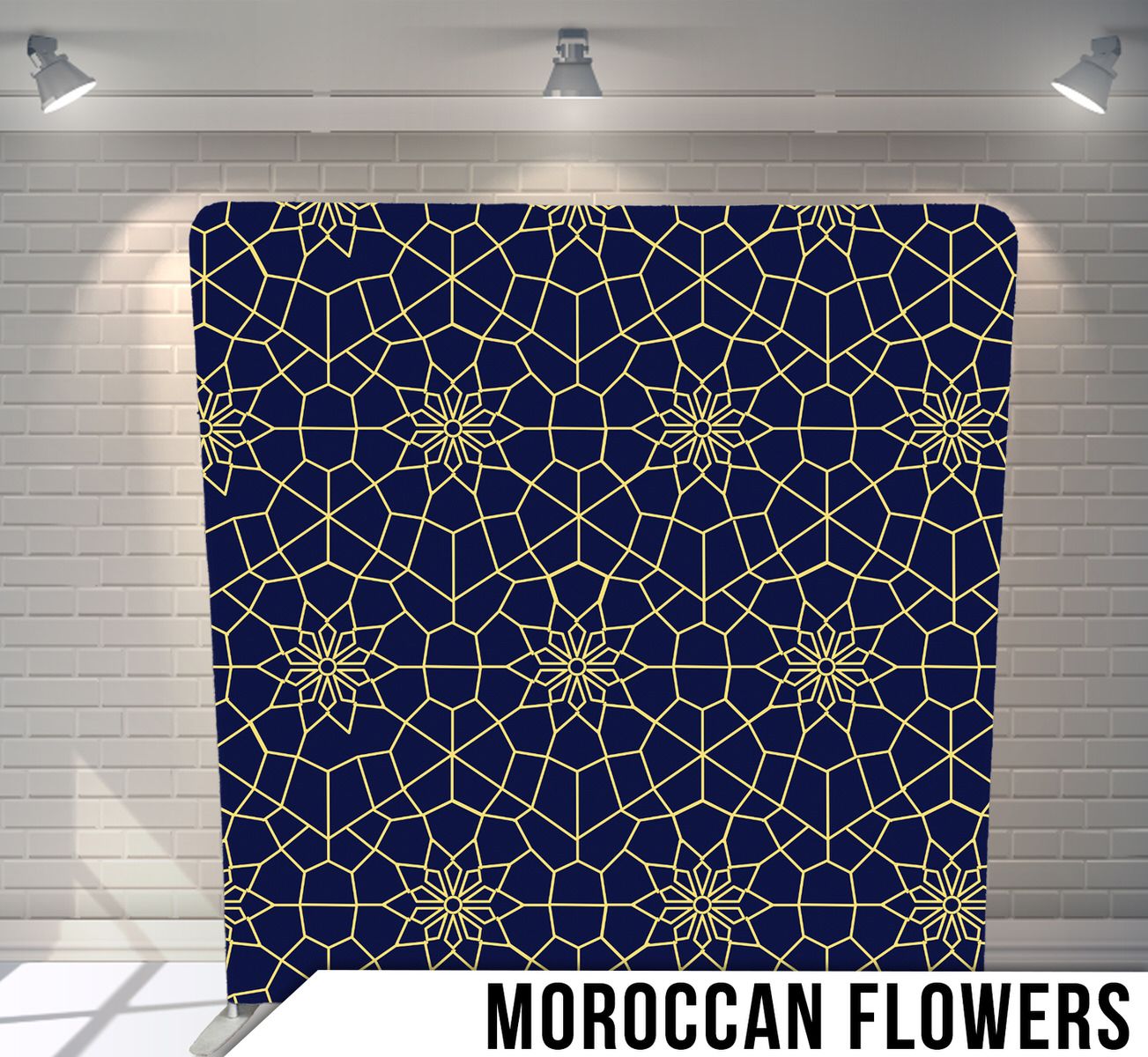 Navy blue backdrop with intricate gold geometric patterns forming Moroccan-style floral designs.