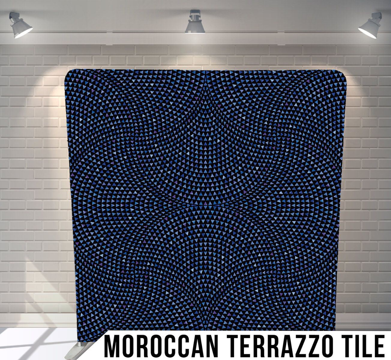 Deep blue background with dotted mosaic pattern creating classic Moroccan terrazzo tile effect.