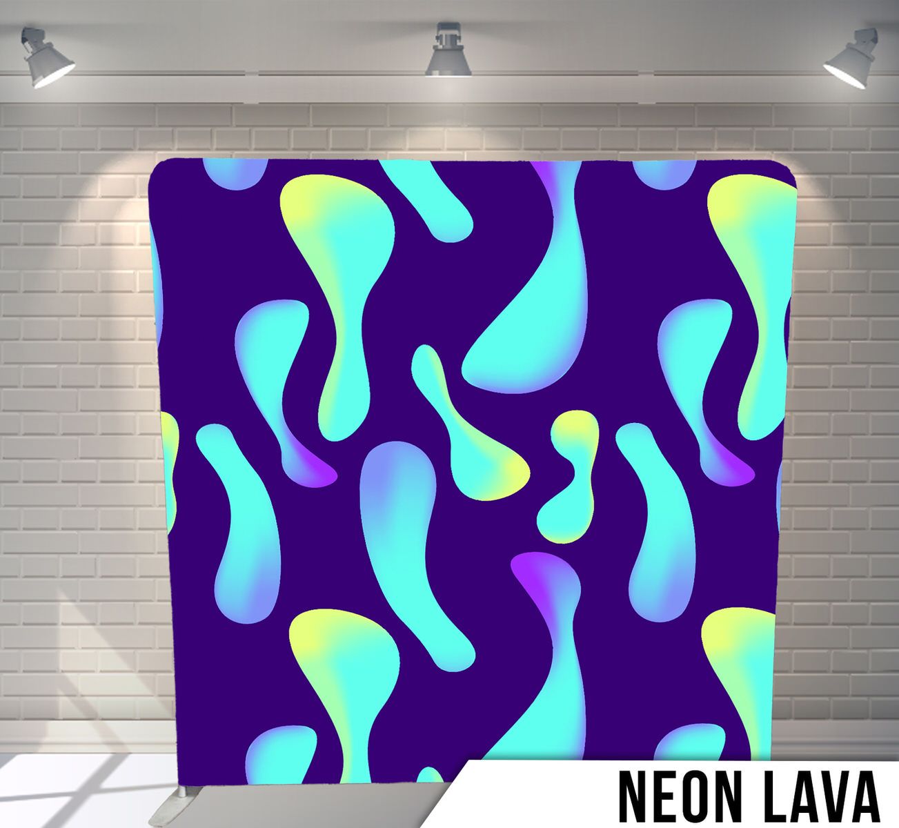 Abstract pattern of neon blue curved shapes on deep purple background.