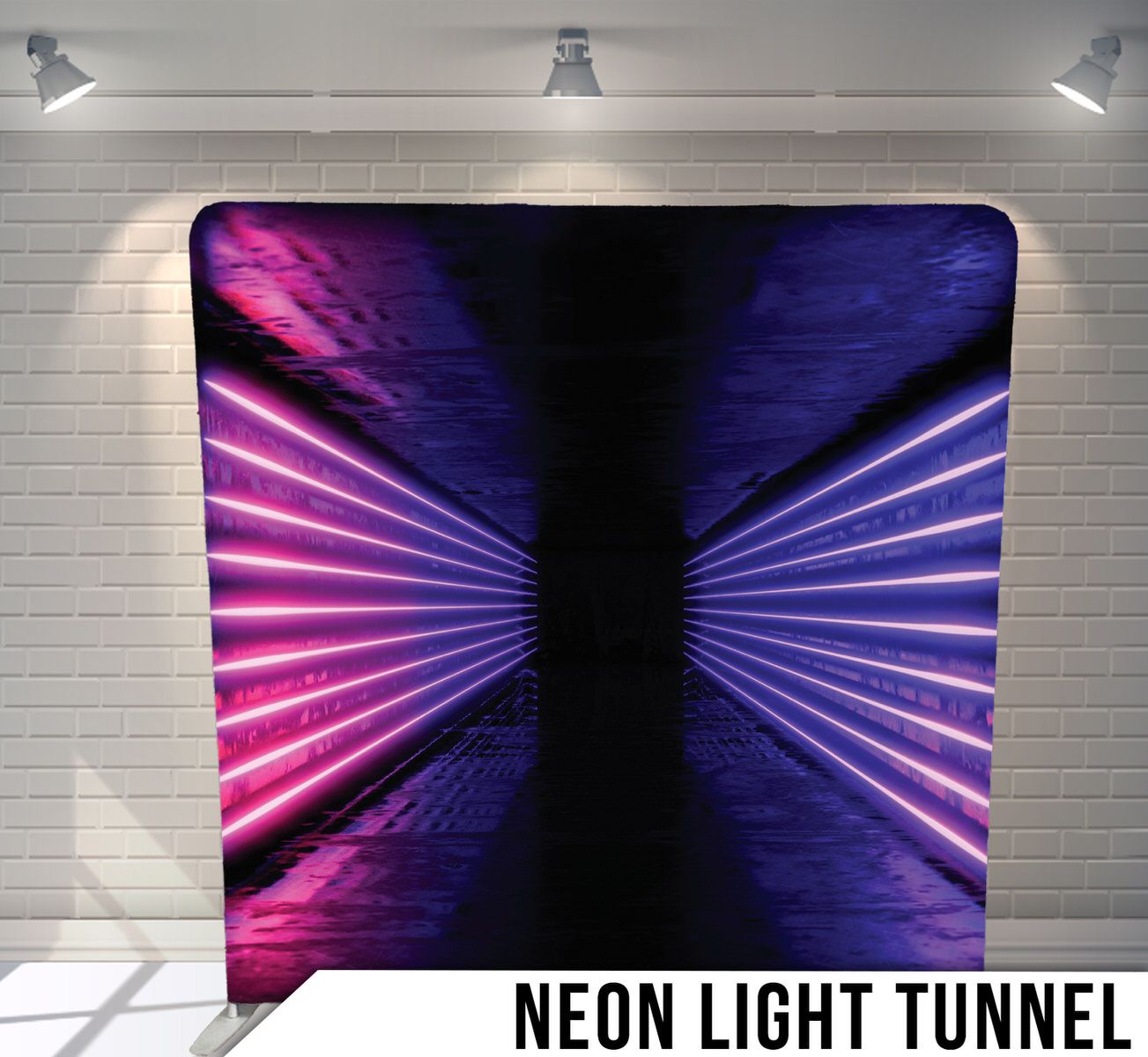 Neon light tunnel effect with pink and purple rays converging to a dark center point against a black background.
