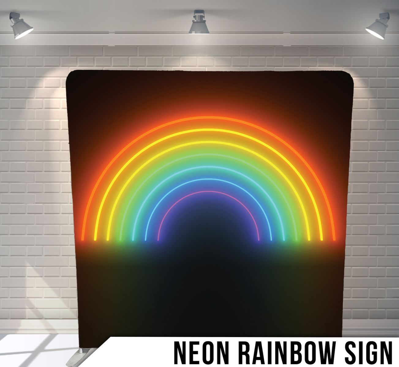 Vibrant neon rainbow arch glowing against a dark background with all spectrum colors.