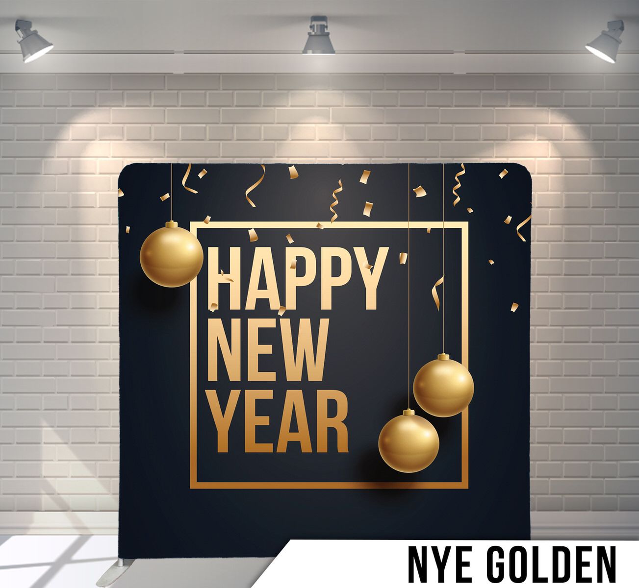 Elegant New Year celebration design with golden ornaments and text on black background.