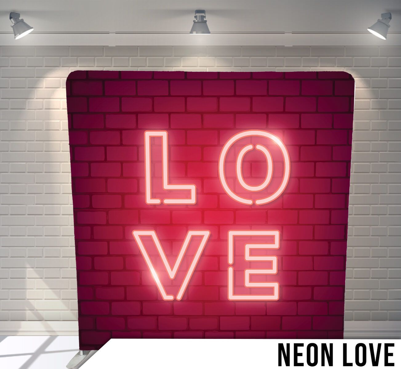 Red neon 'LOVE' sign glowing on a brick wall backdrop with dramatic lighting.