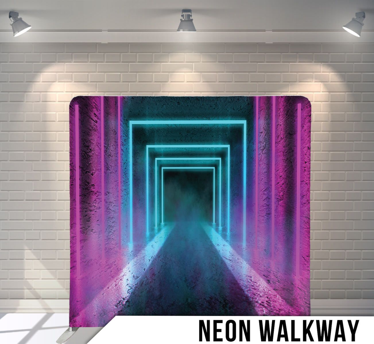 Futuristic neon corridor with blue geometric portals and purple side lighting creating depth perspective.