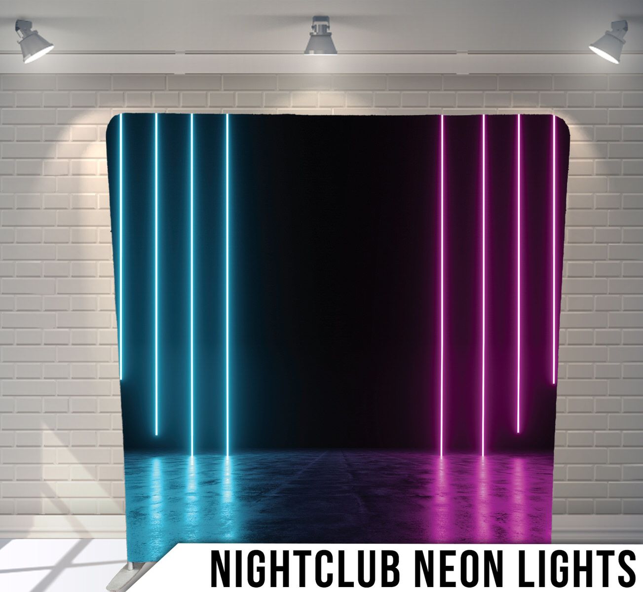Modern nightclub interior with vertical blue and pink neon light strips against dark walls.