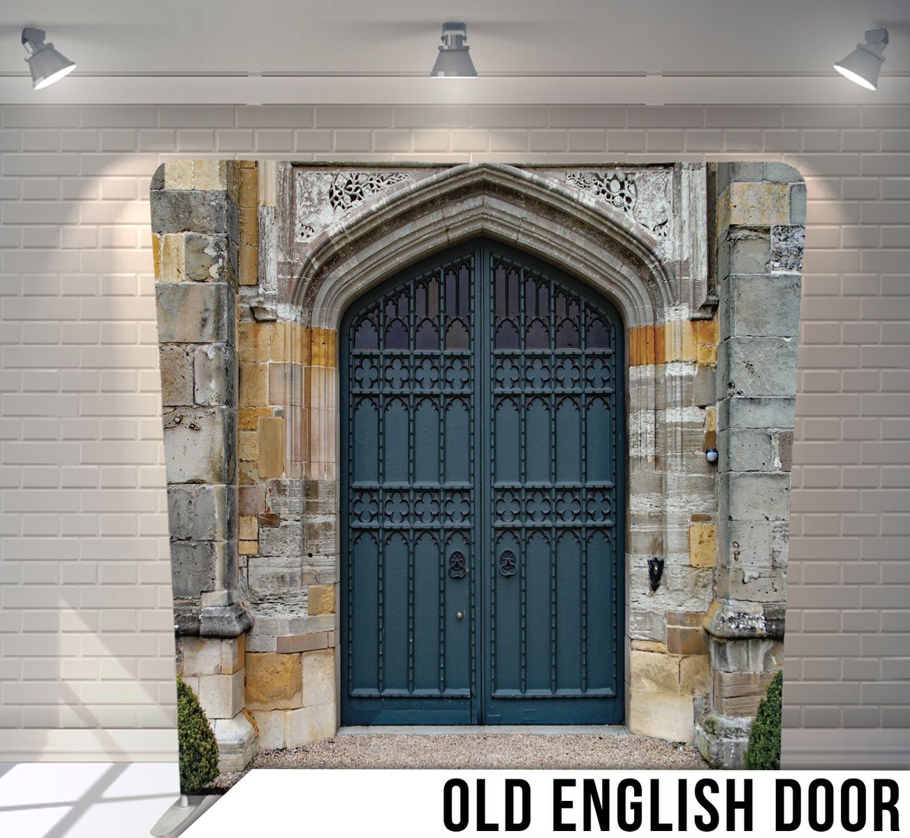 Gothic arched blue wooden door set in ornate stone church entrance with detailed carvings.