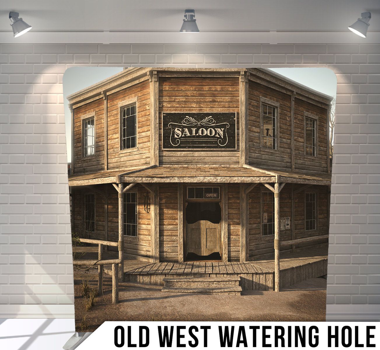 Old West wooden saloon building with covered porch and vintage signage in sepia tone.
