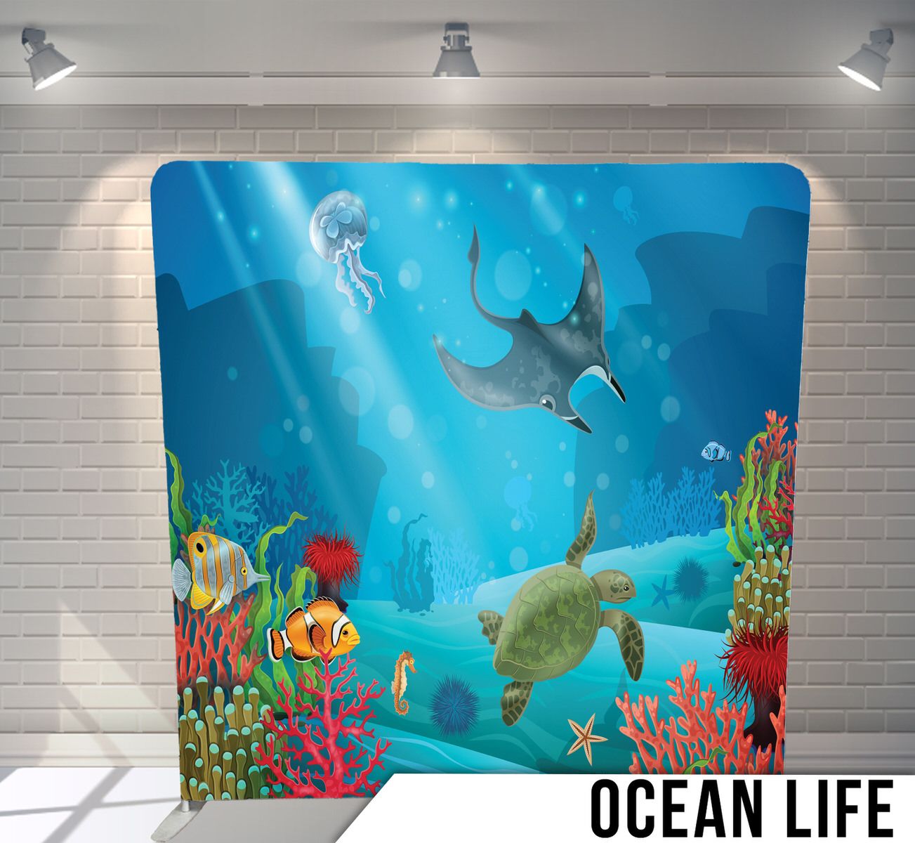 Underwater scene with sea turtle, shark, jellyfish, and tropical fish among coral reefs.