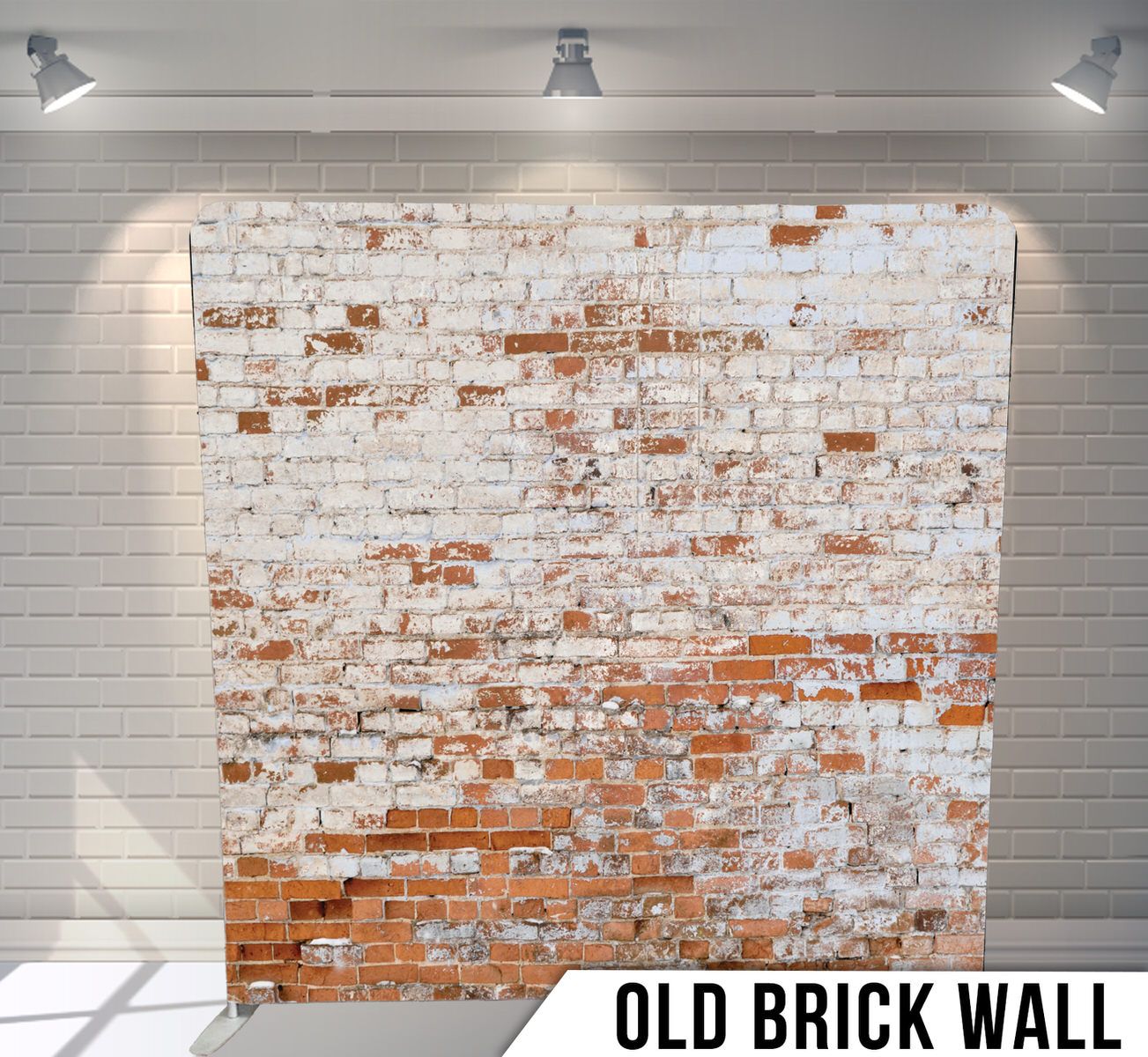 Distressed white painted brick wall with peeling texture and exposed red bricks showing through.