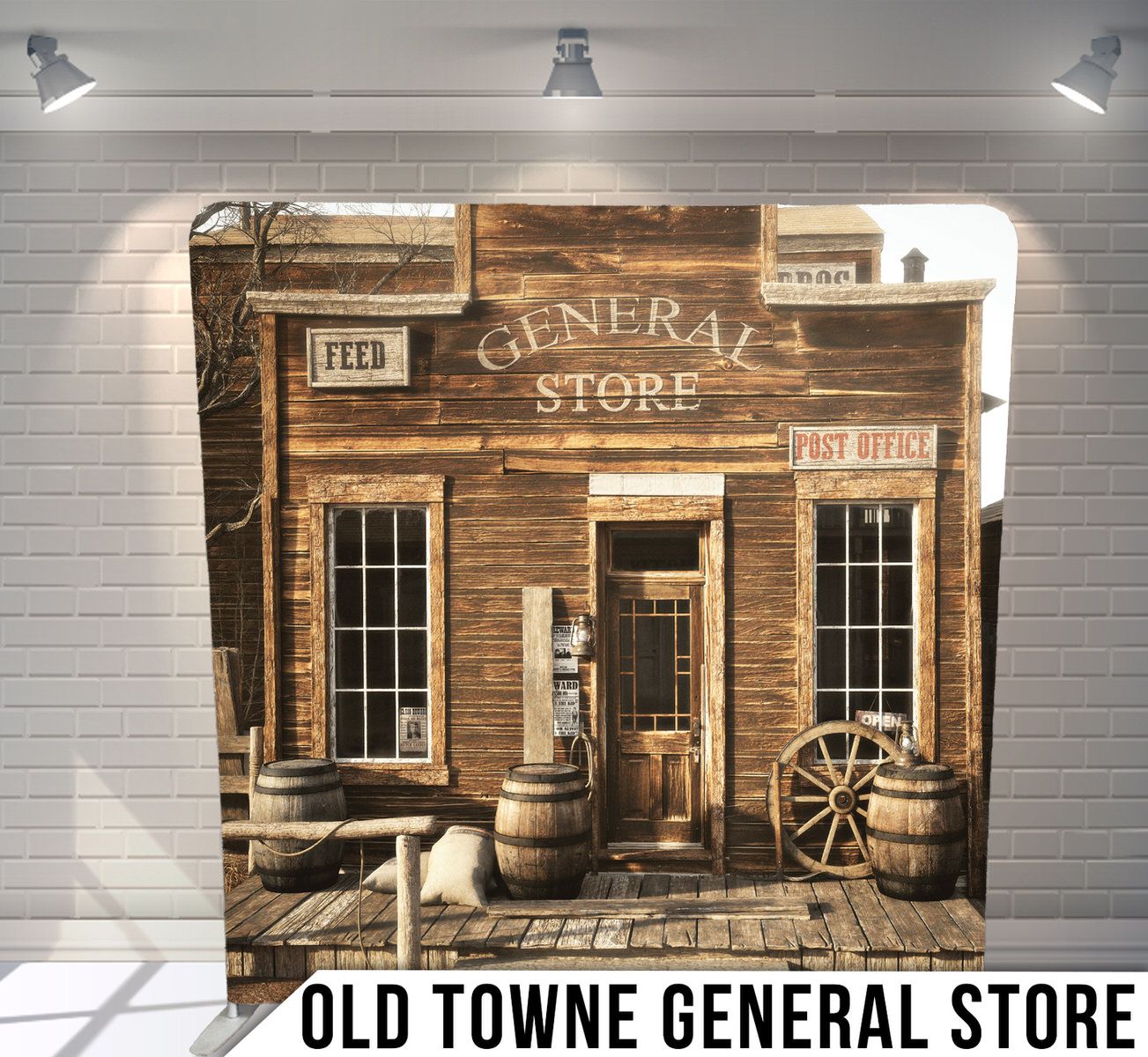 Vintage western general store facade with wooden barrels and wagon wheel in sepia tones.