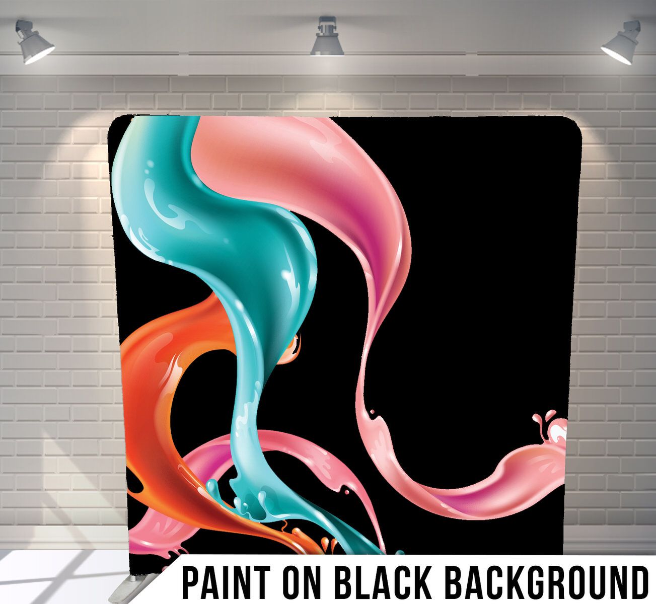 Artistic swirls of turquoise, pink and orange paint flowing against a black background.