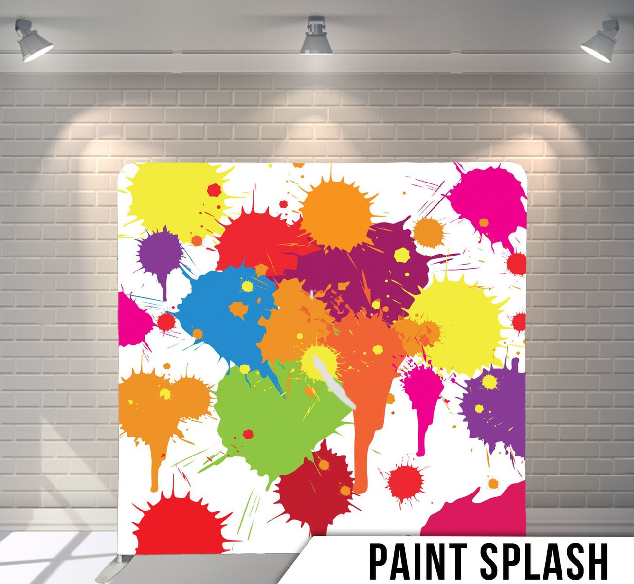 Colorful paint splatter design with vibrant yellow, pink, orange and blue paint drops on white background.