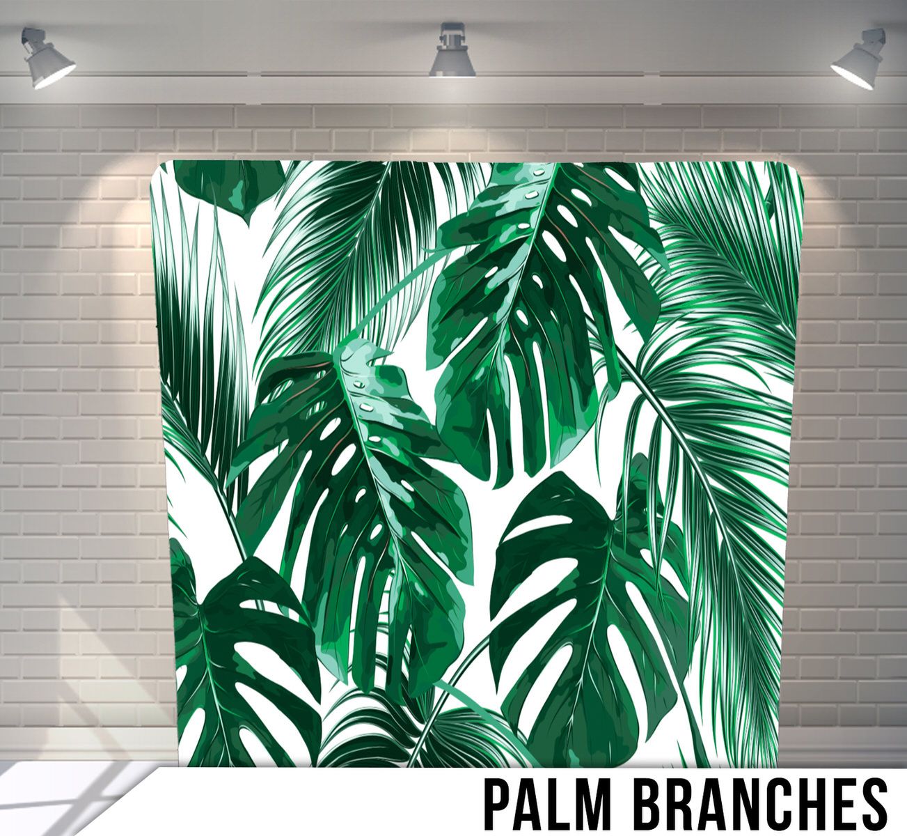 Tropical palm leaves pattern with green monstera fronds on white background.