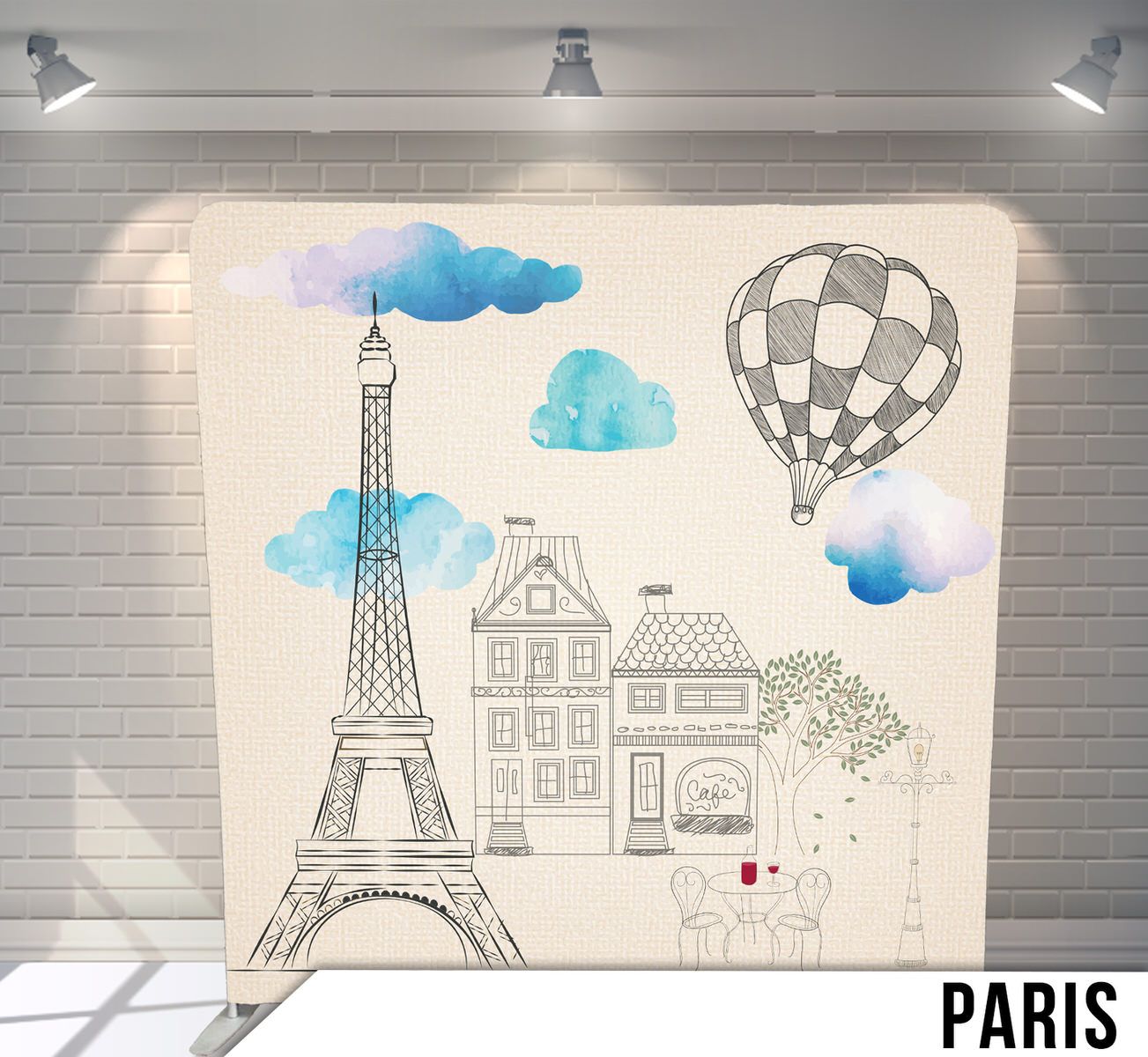 Sketch of Paris with Eiffel Tower, buildings and hot air balloon under watercolor blue clouds.