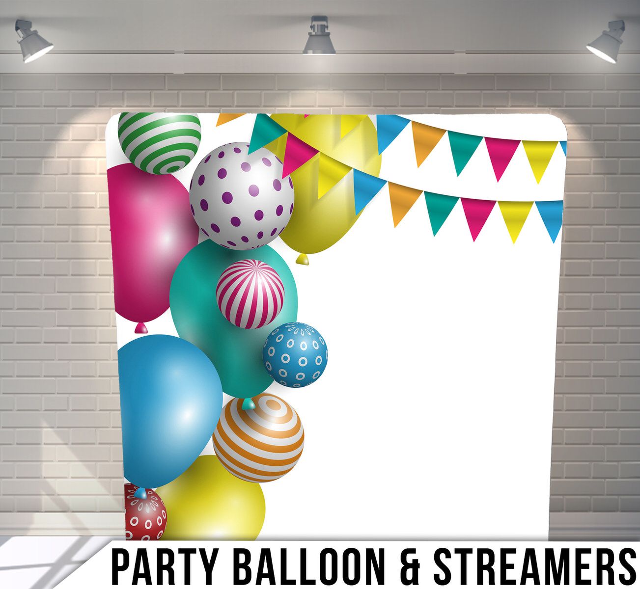 Colorful party balloons with polka dots, stripes and streamers against a white backdrop with festive bunting.