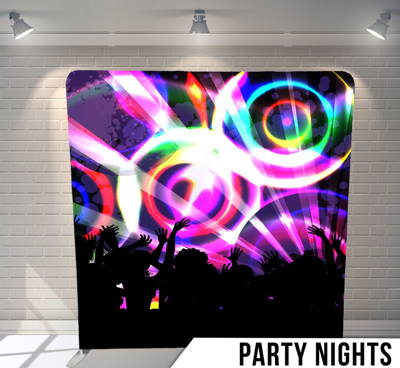Vibrant neon swirls and lights illuminate a concert crowd silhouette creating an energetic party atmosphere.